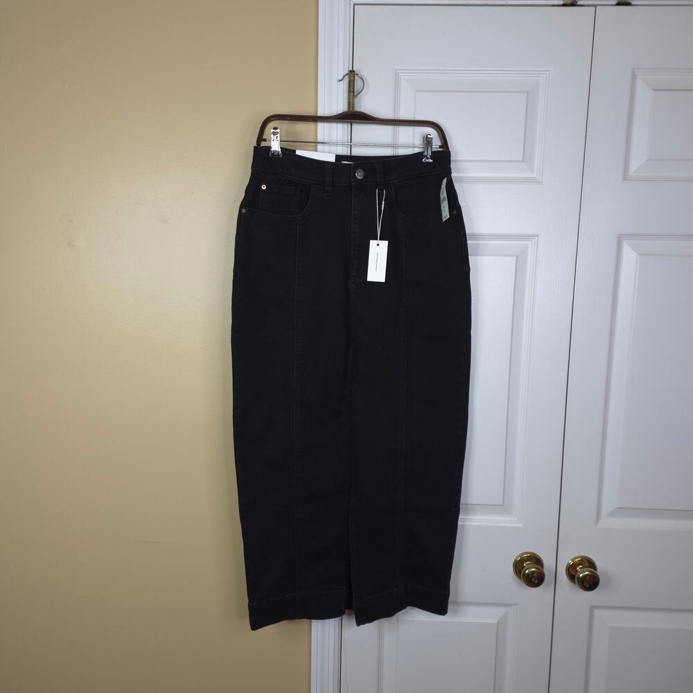 Warp + Weft SMX Denim Maxi Skirt High Rise Fitted Center Slit in Black Size 4/27